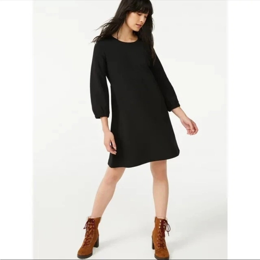 NWT Free Assembly Women's Crewneck 3/4 Length Sleeve Dress Size XS True Black
